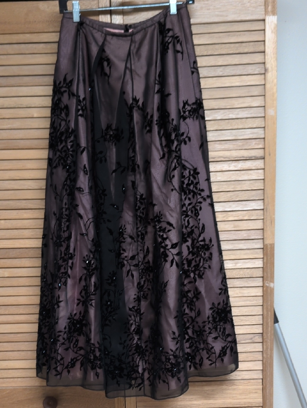 David Meister Peach Satin Maxi Skirt with Black Burnout Floral
